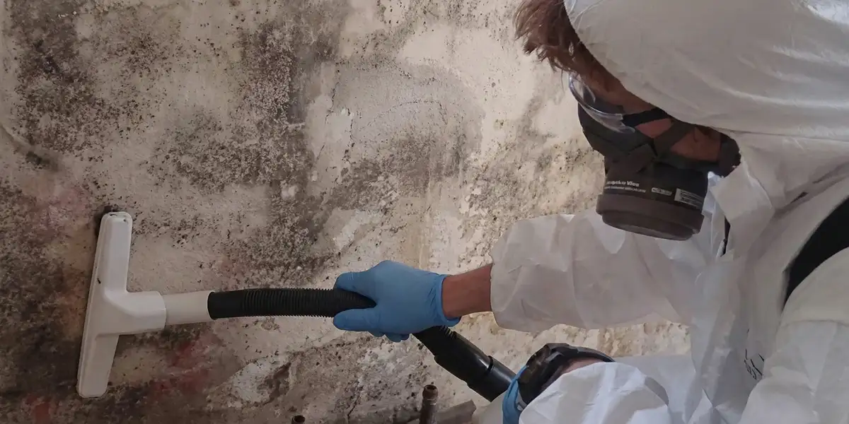 professional mold removal technician wearing protective equipment removing mold from a wall in Colorado Springs, CO