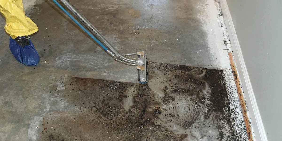 sewage removal technicians extracting contaminated wastewater from a residential floor in Colorado Springs, CO