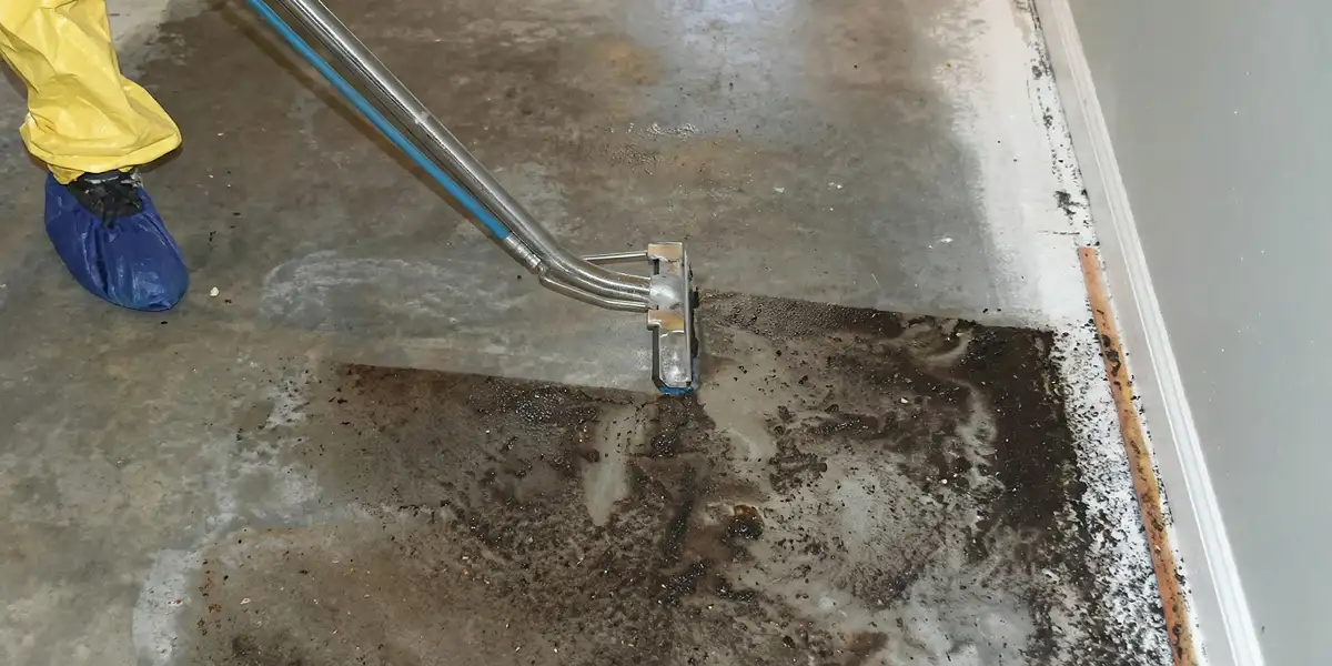 sewage removal technicians extracting contaminated wastewater from a residential floor in Colorado Springs, CO